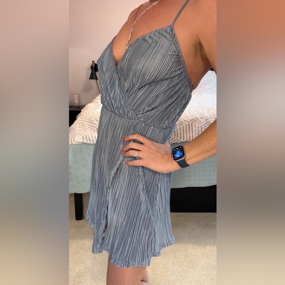 Blue pleated slip mini dress with spaghetti straps - size small